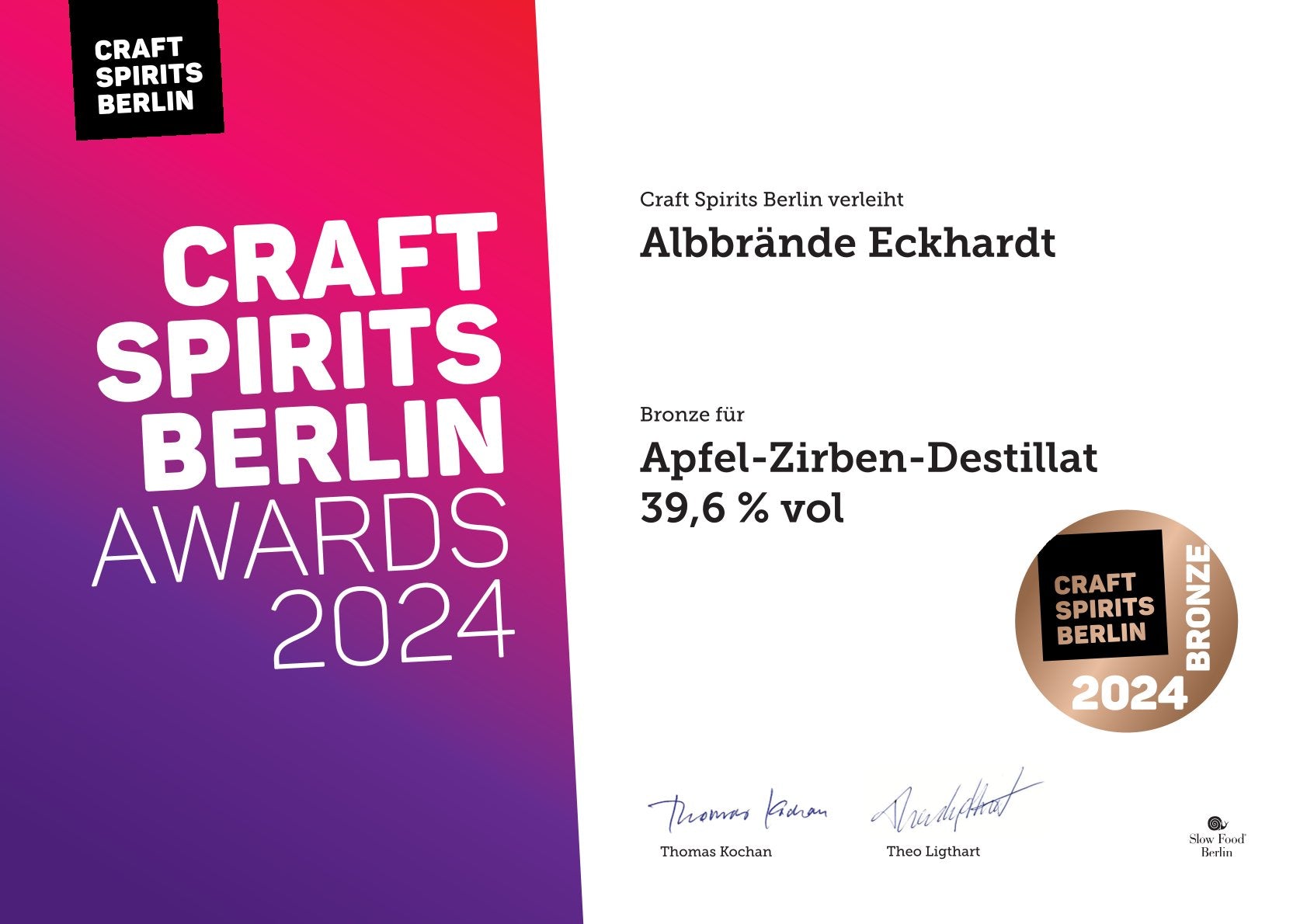 Urkunde der Craft Spirits Berlin Awards 2024 die eine Bronze-Medaille für das Apfel-Zirben-Destillat für Eckhardt Albbrände verleiht.